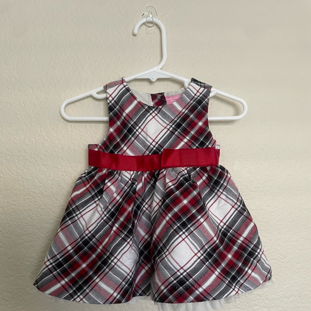 Girls Red Plaid Satin Waistband Holiday Drss
